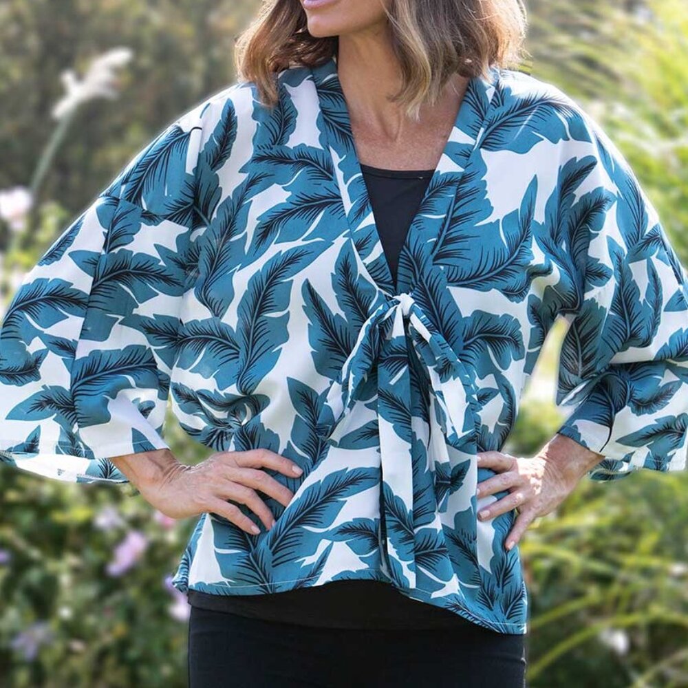 Palm Frond Print Tie Top Beach Summer Jacket Tie Closure Green White NWT